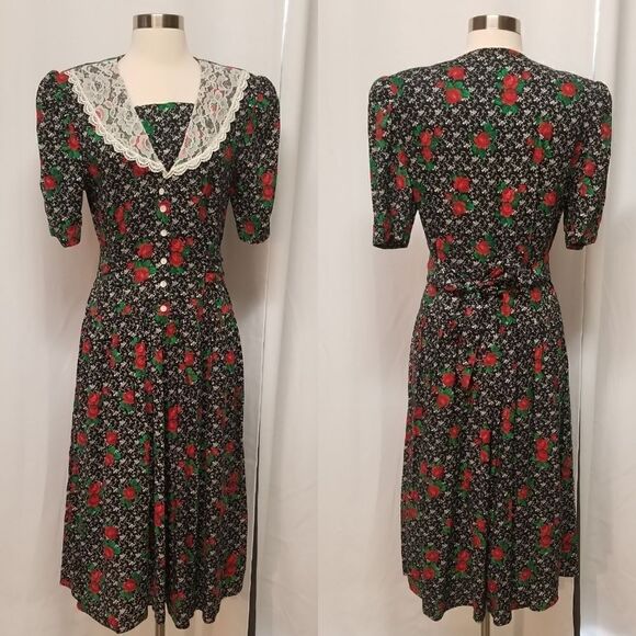 Vintage 80s Retro Gothic Floral Rose Lace Belted Button Front Midi Dress Md - Picture 1 of 8
